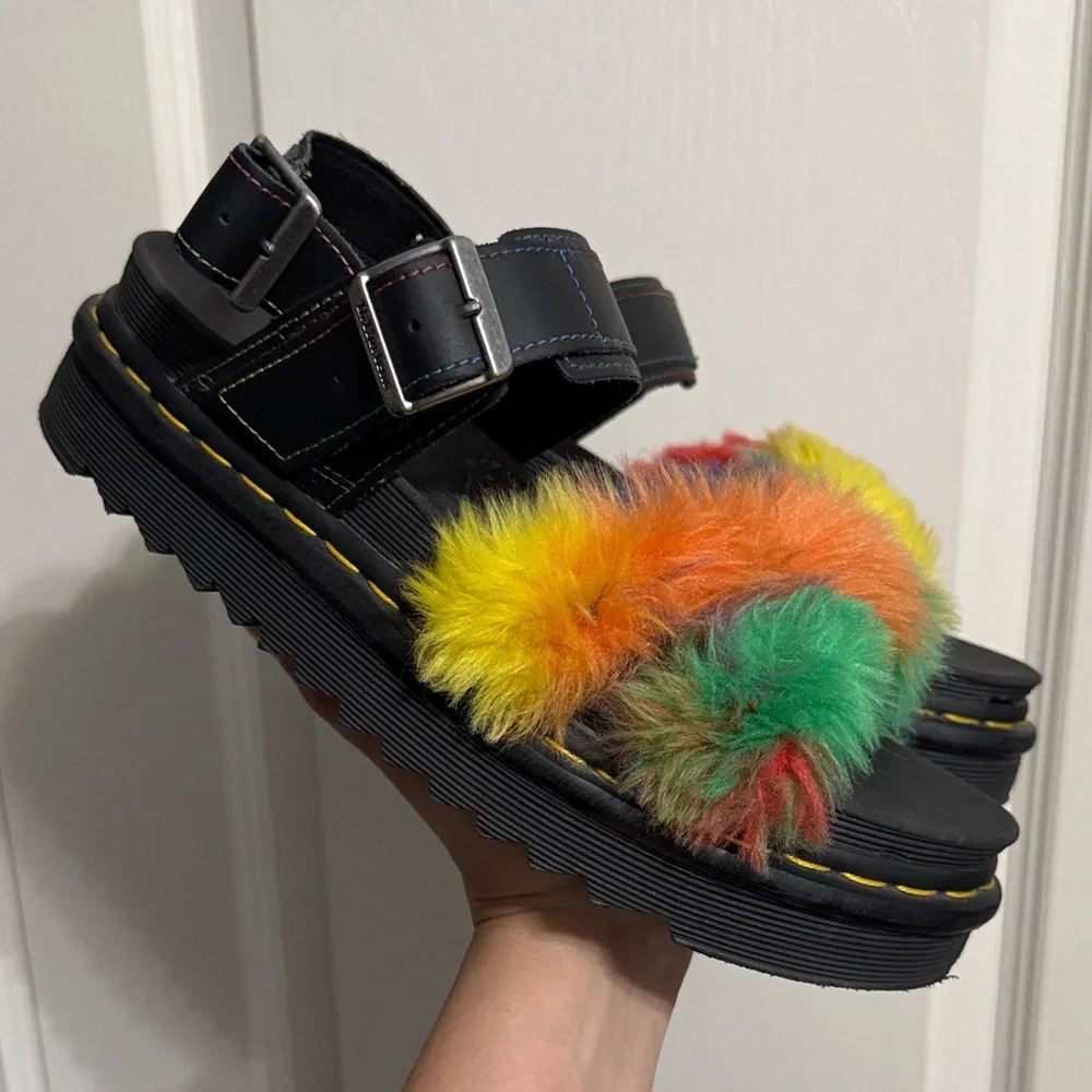 Dr. Martens Voss II Fluffy Faux Fur Sandals Pride Rainbowcore Maximalist Utility